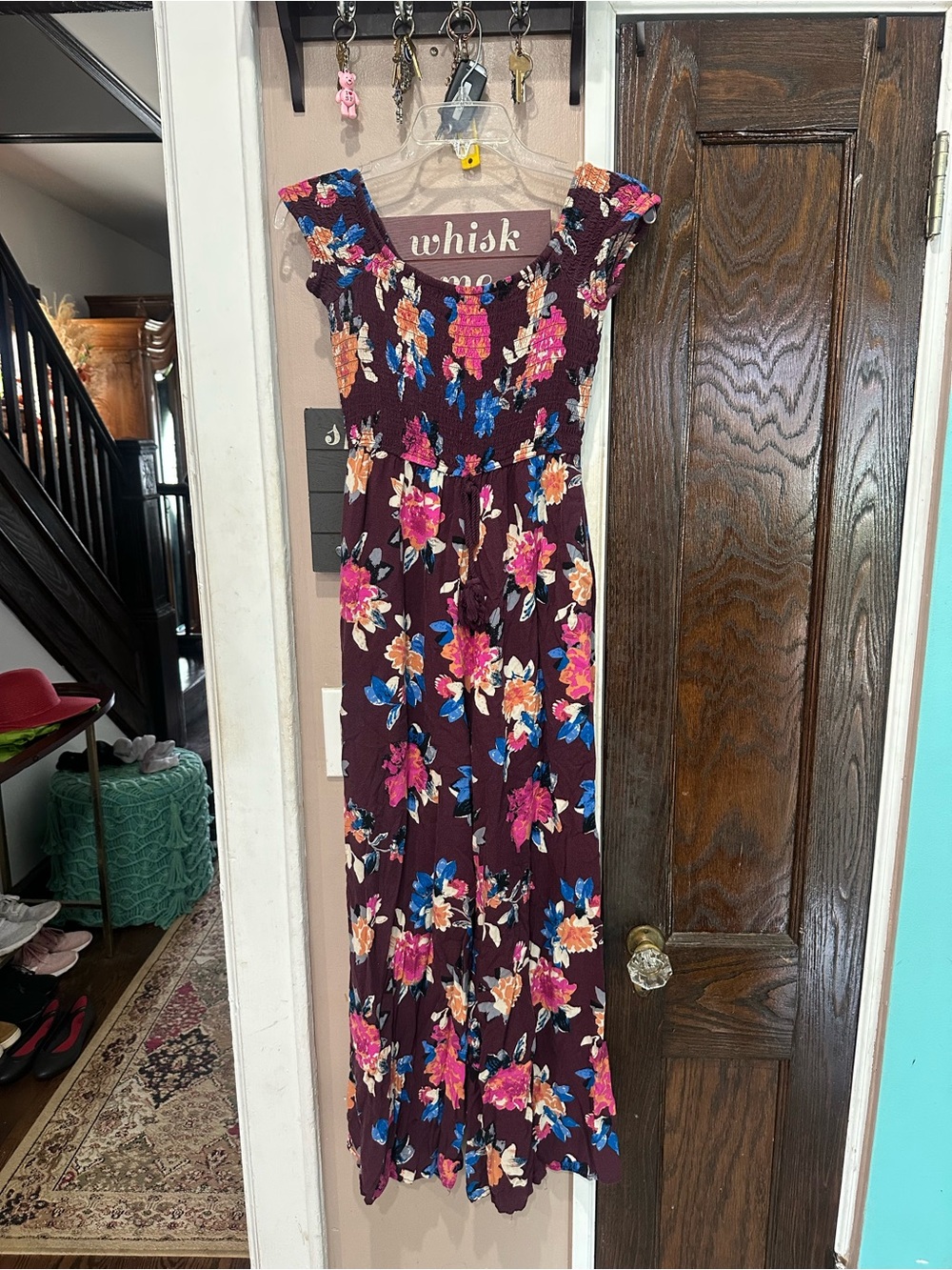 Band of Gypsies Plum Floral Smocked Jumpsuit with Pink & Blue Blooms